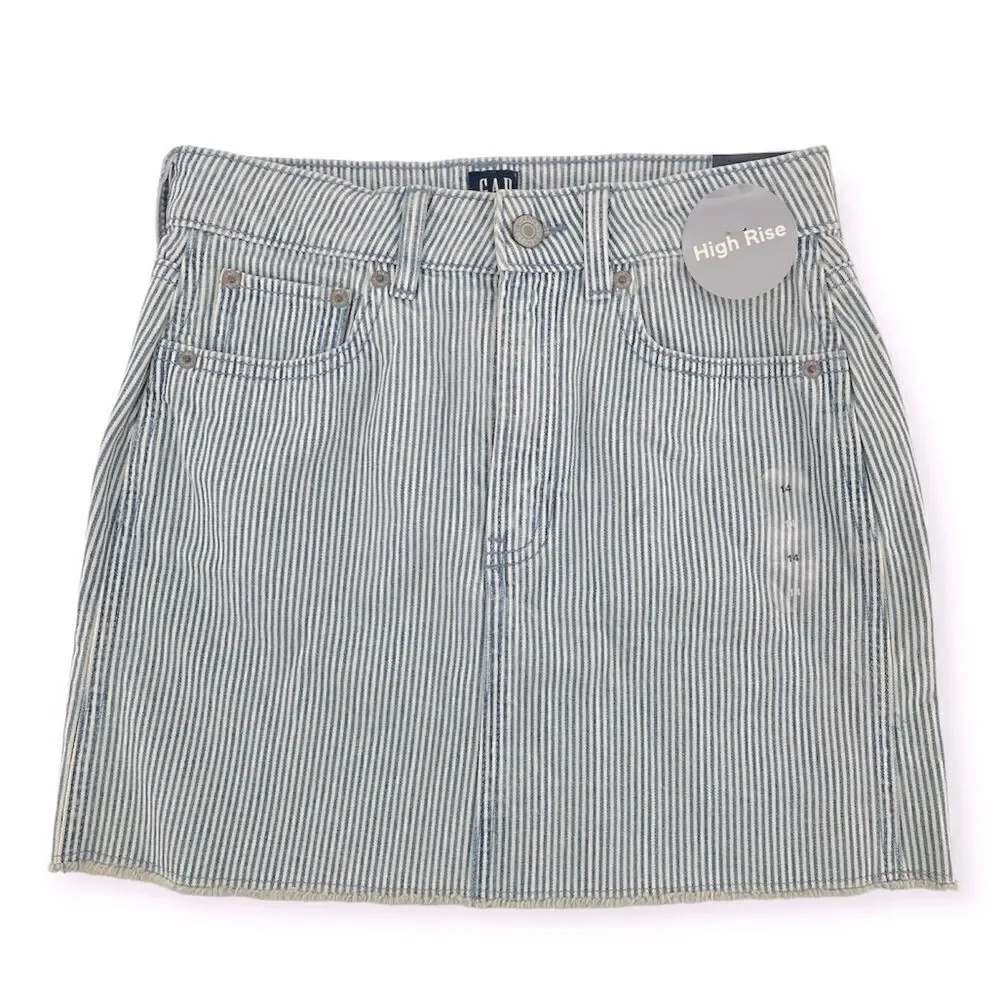 GAP Denim Girl’s High Rise Blue White Railroad Stripe Frayed Hem Denim Skirt 14